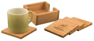 Bamboo Square 4-Coaster Set with Holder 4" x 4"