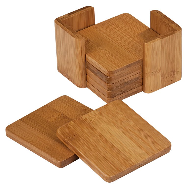 Custom Square Bamboo Coaster Set with Laser Engraved Logo