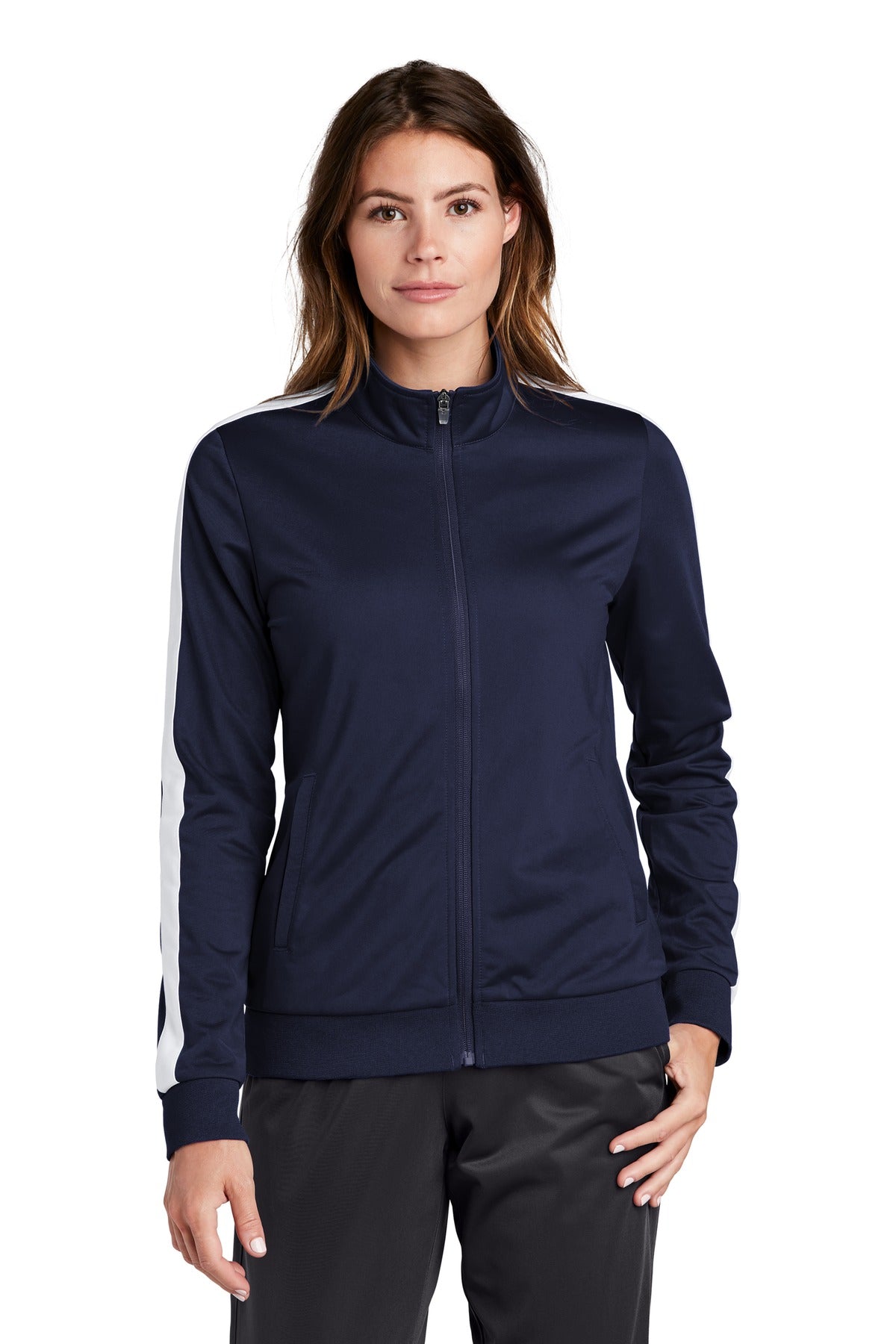 Sport-Tek® Ladies Tricot Sleeve Stripe Track Jacket