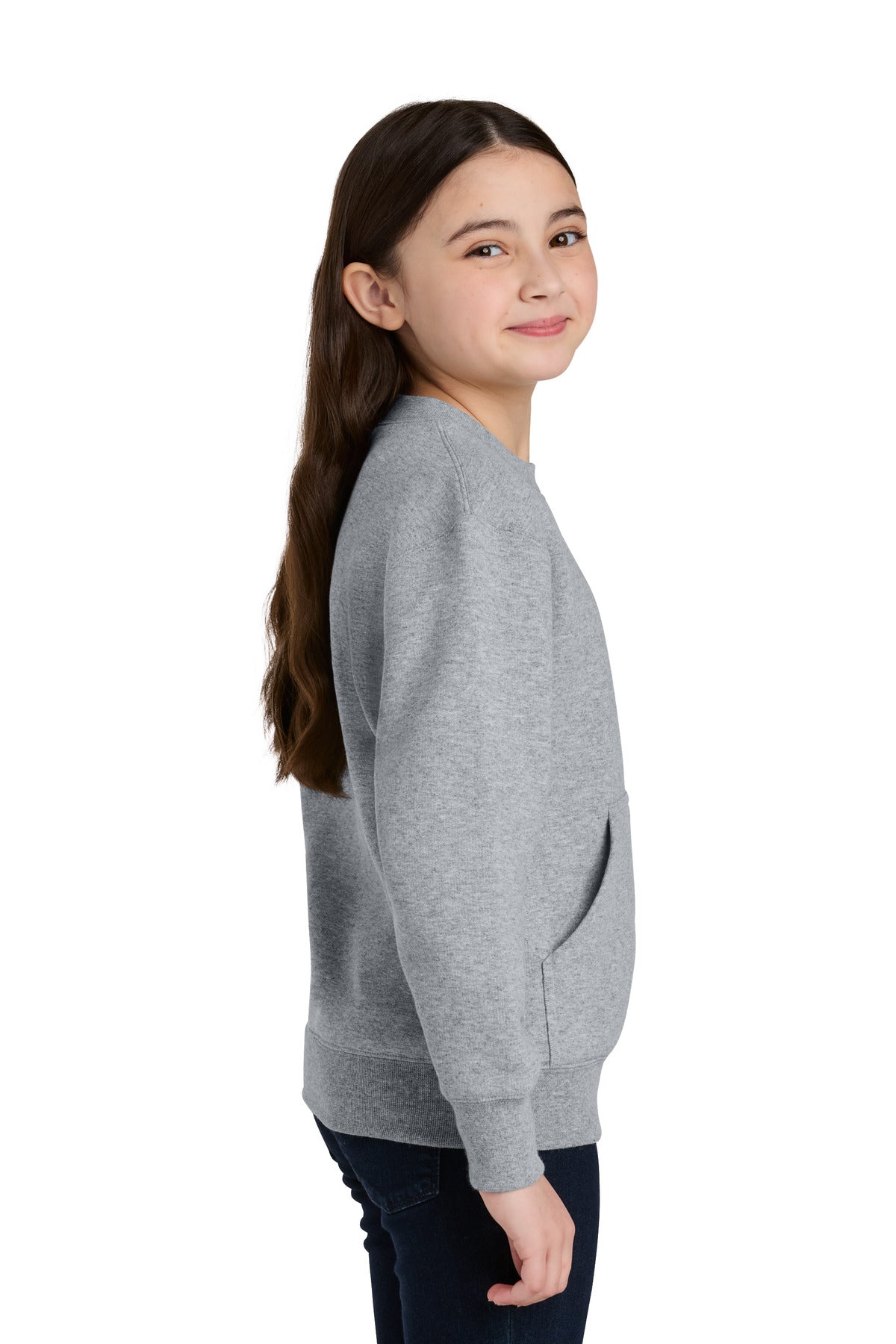 AthlHthr Port & Co Youth Core Fleece Crewneck Pocket Sweatshirt PC78YPKT