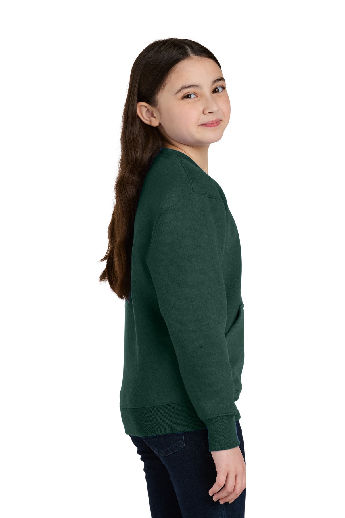 DarkGreen Port & Co Youth Core Fleece Crewneck Pocket Sweatshirt PC78YPKT