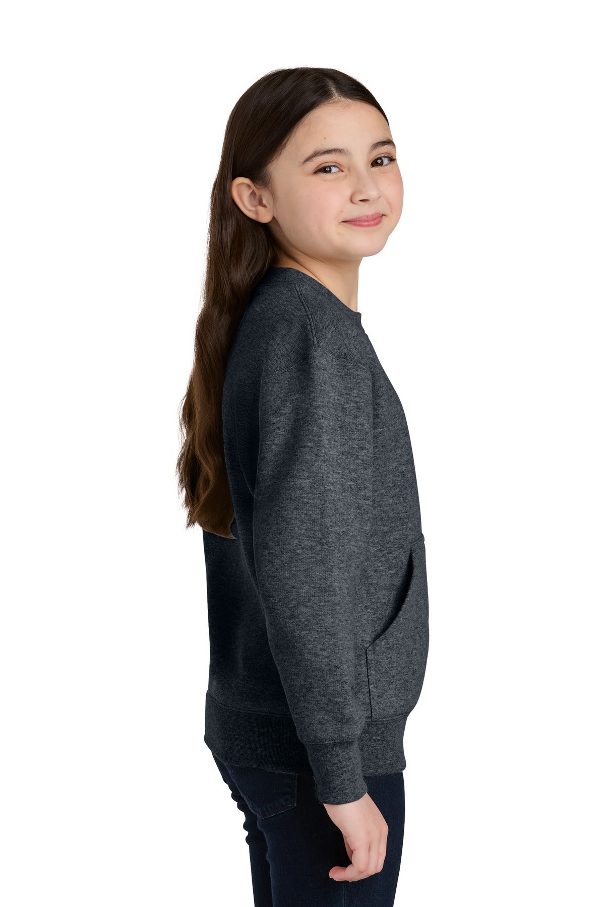 DkHtGry Port & Co Youth Core Fleece Crewneck Pocket Sweatshirt PC78YPKT