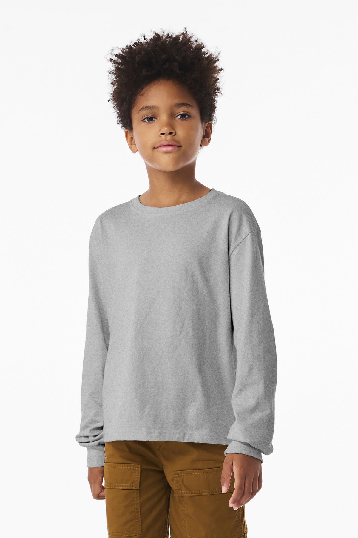 Front View of AthlHthr BELLA+CANVAS Youth 6-Ounce Heavyweight Long Sleeve Tee BC3511Y
