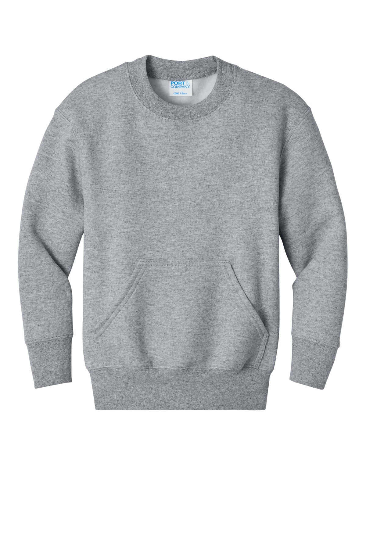 Front View of AthlHthr Port & Co Youth Core Fleece Crewneck Pocket Sweatshirt PC78YPKT