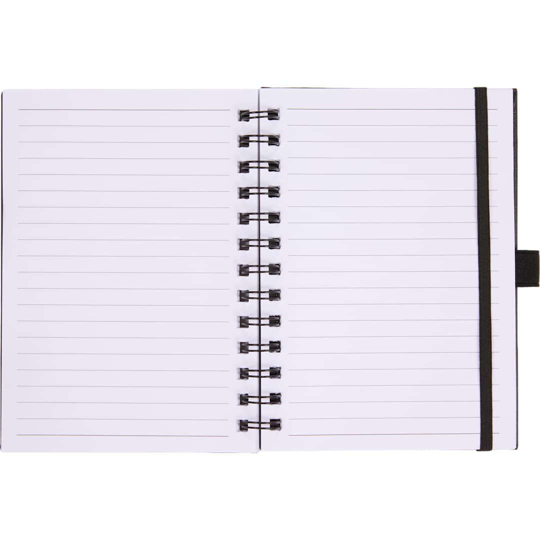 Front View of Black 5” x 7” FSC® Recycled Morano Spiral Journal plain
