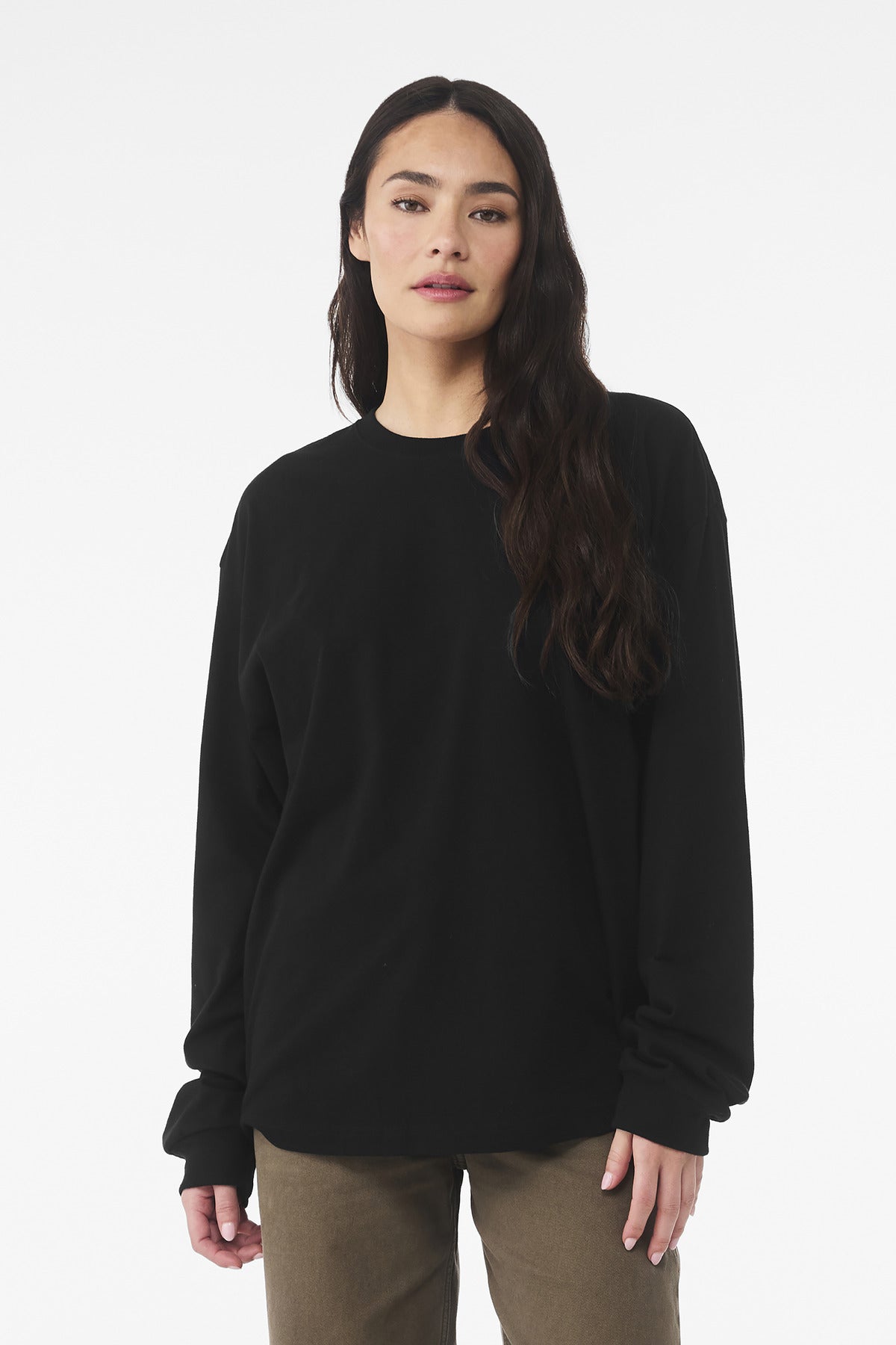 Front View of Black BELLA+CANVAS Unisex 6-Ounce Heavyweight Long Sleeve Tee BC3511