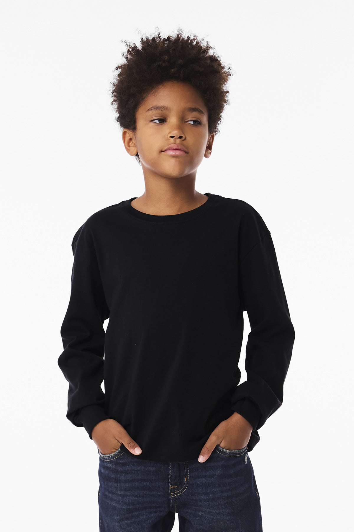 Front View of Black BELLA+CANVAS Youth 6-Ounce Heavyweight Long Sleeve Tee BC3511Y