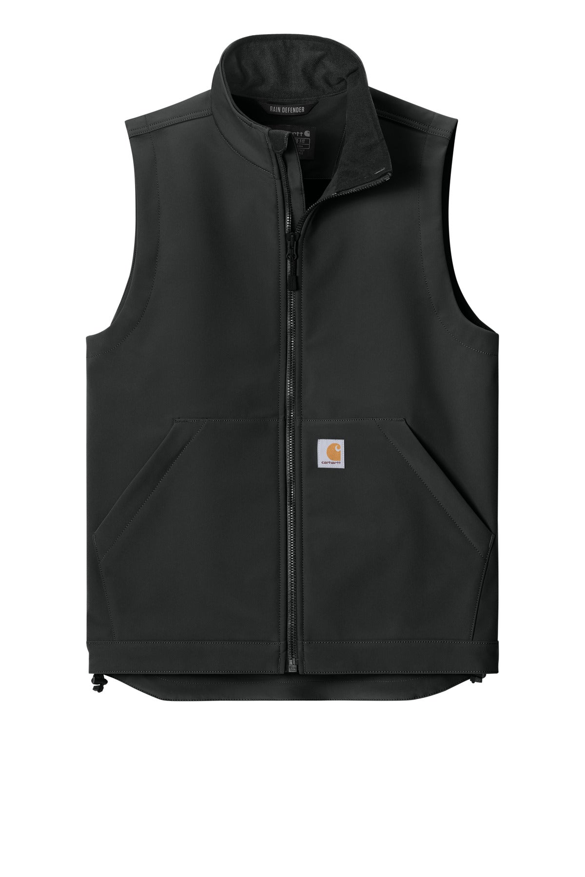 Front View of Black Carhartt Rain Defender Soft Shell Vest CT106439
