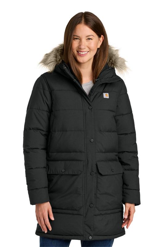 Front View of Black Carhartt Women's Montana Insulated Hooded Coat CT105456