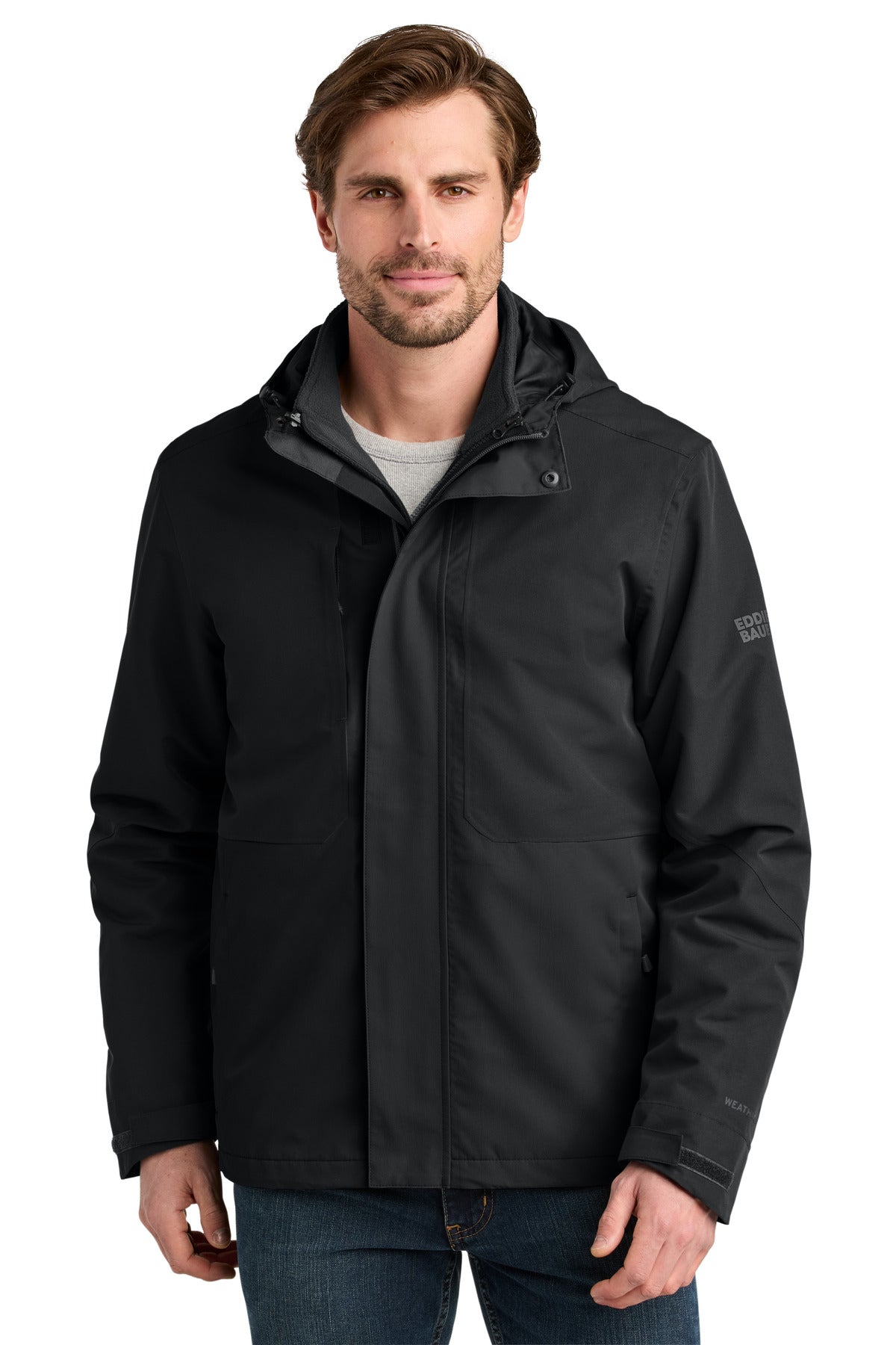 Front View of Black Eddie Bauer WeatherEdge Ridge 3-in-1 Jacket EB658