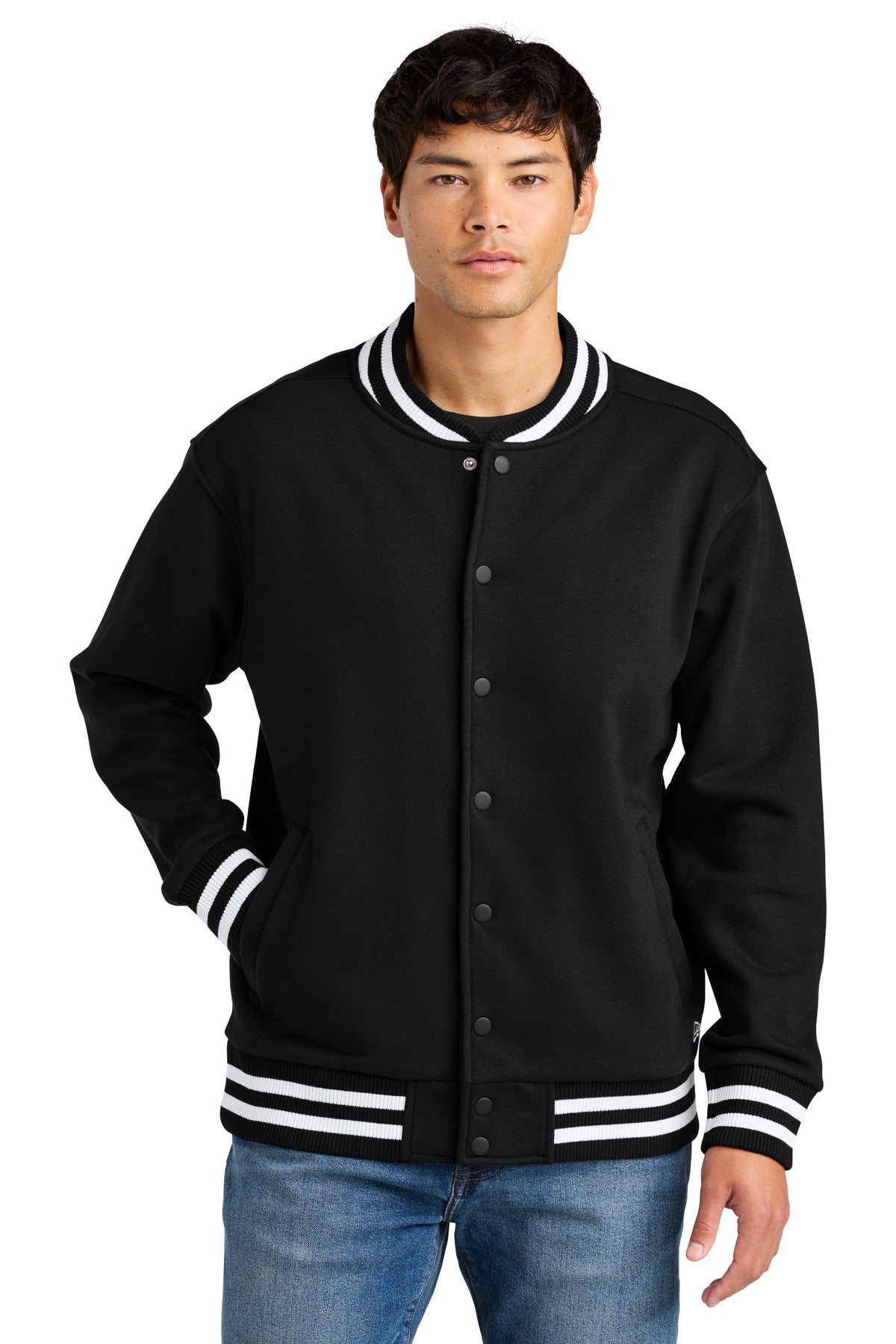Front View of Black New Era Varsity Heavyweight Fleece Jacket NEA560