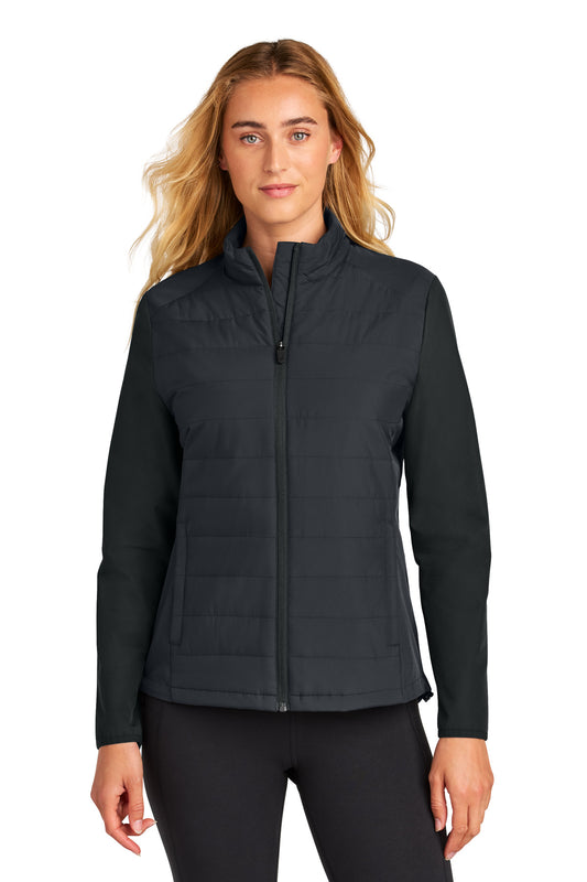 Front View of Black Sport-Tek Women's Teknical Hybrid Jacket LST940