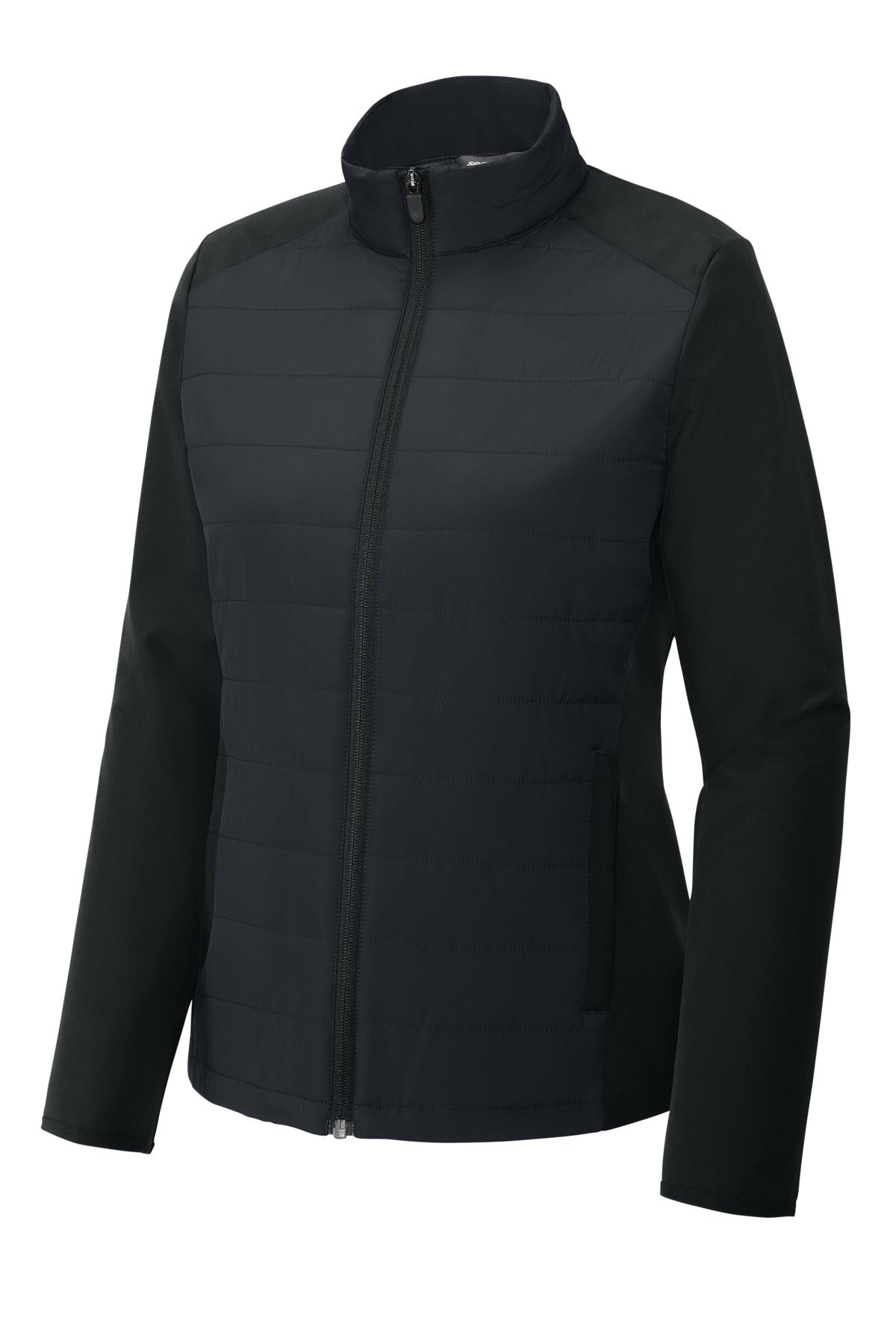 Front View of Black Sport-Tek Women's Teknical Hybrid Jacket LST940