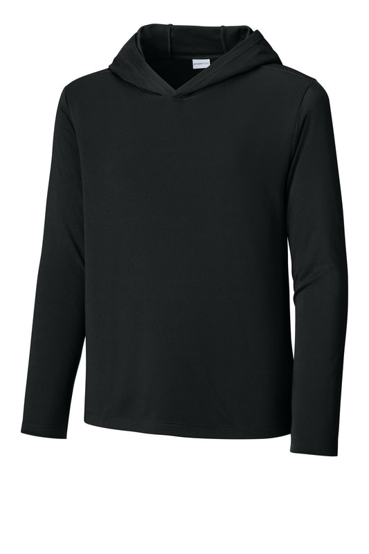 Front View of Black Sport-Tek Youth Posi-UV Pro Long Sleeve Hoodie YST420LSH