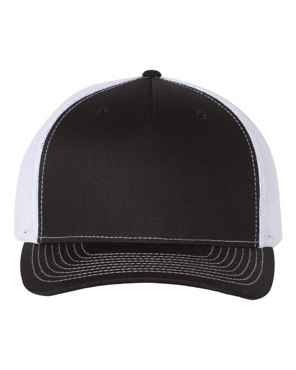 Front View of Black/ White Five-Panel Trucker Cap - 112FP