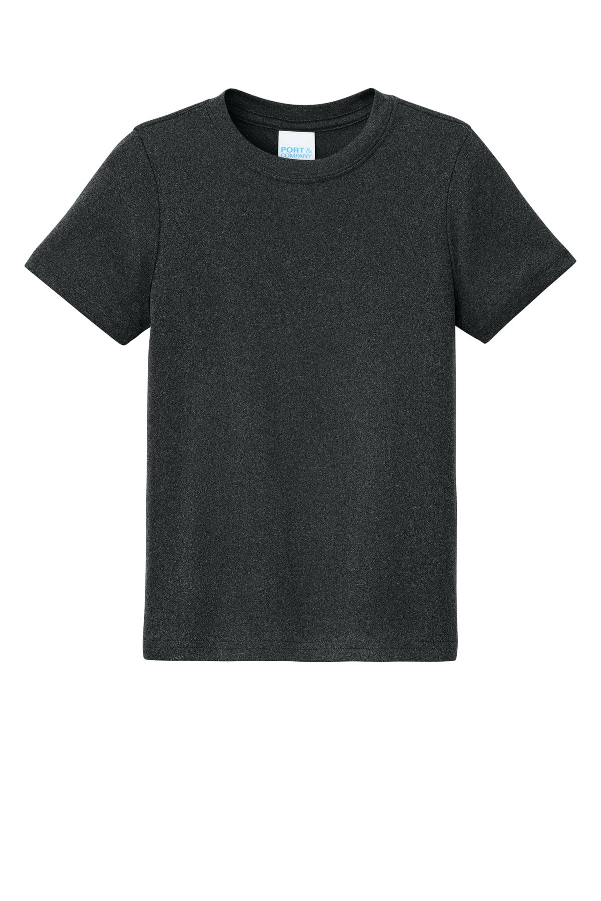 Front View of BlkHthr Port & Co Youth Heather Performance Tee PC390Y