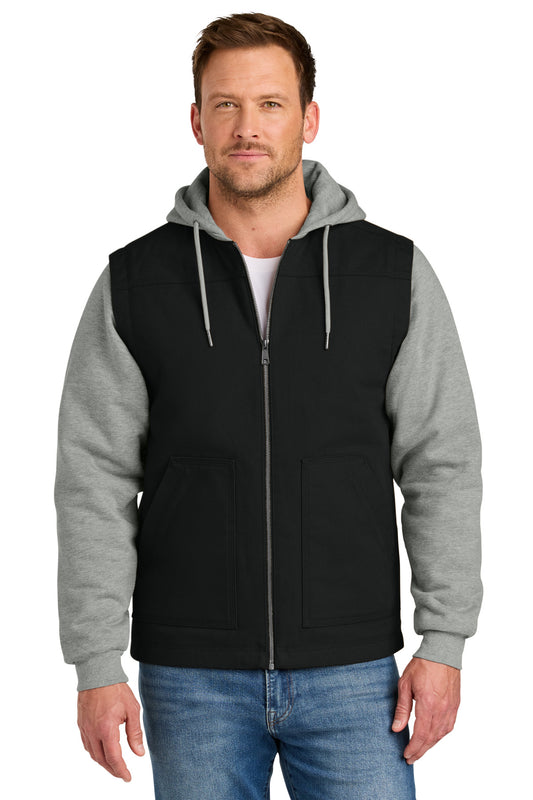 Front View of Blk/HthrGy CornerStone Duck Fleece Full-Zip Hooded Jacket CSJ42