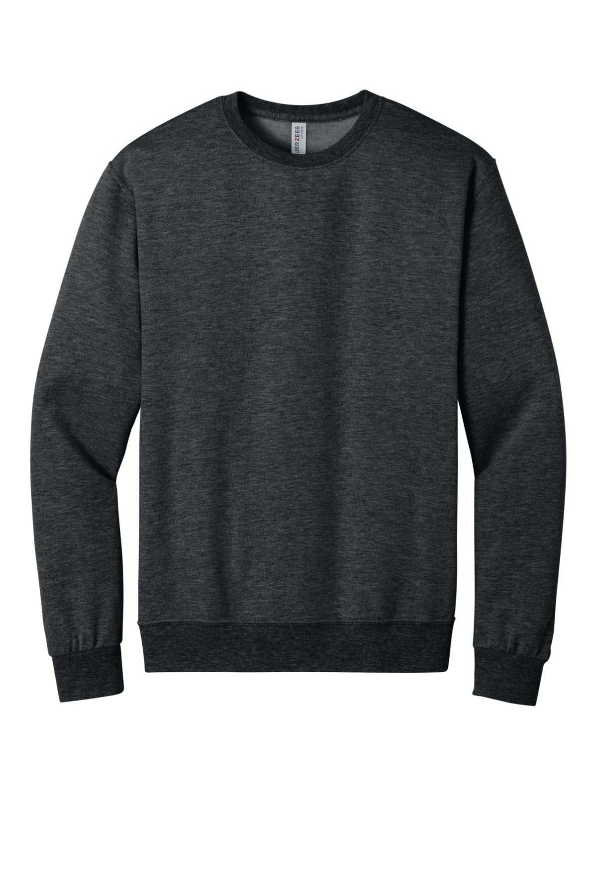 Front View of BlkInkHtr Jerzees Ultimate Unisex CVC Ring Spun Crewneck Sweatshirt IC48M