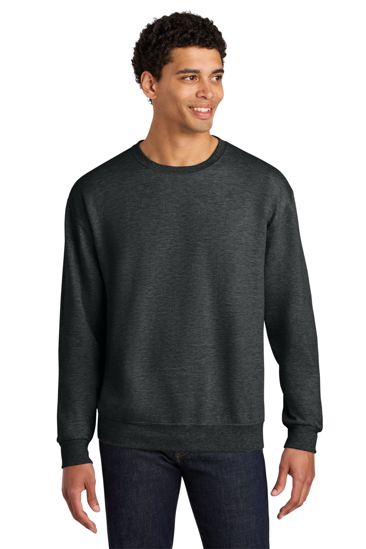 Front View of BlkInkHtr Jerzees Ultimate Unisex CVC Ring Spun Crewneck Sweatshirt IC48M