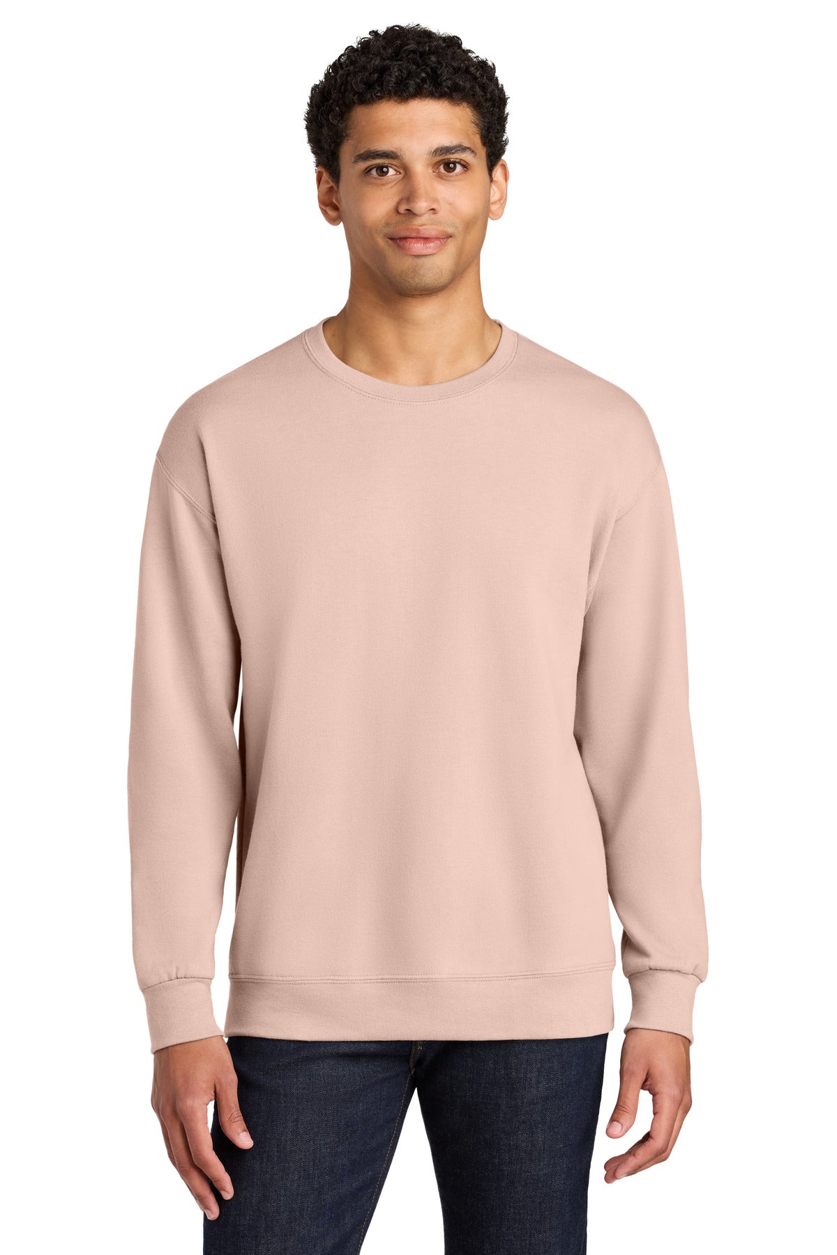 Front View of BlushPink Jerzees Ultimate Unisex CVC Ring Spun Crewneck Sweatshirt IC48M