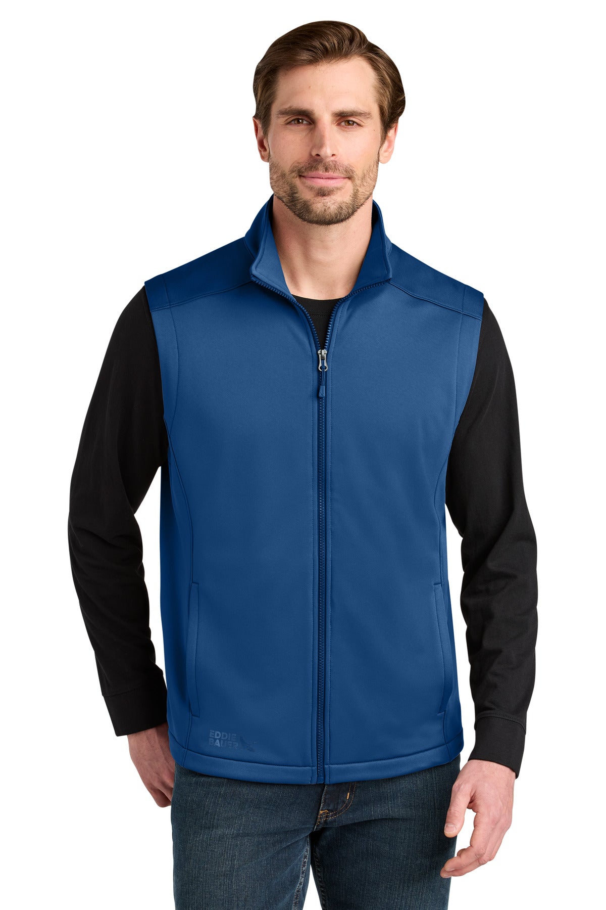 Front View of CobaltBl Eddie Bauer Smooth Mid Layer Fleece Vest EB2560