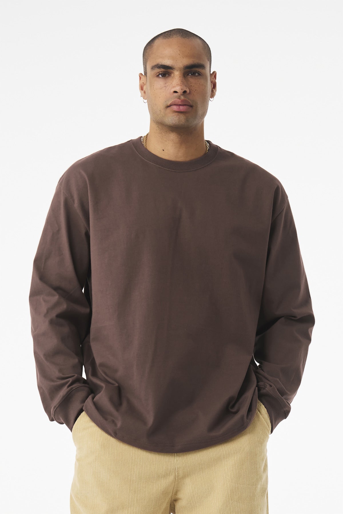 Front View of Cocoa BELLA+CANVAS Unisex 7.5-Ounce Heavyweight Long Sleeve Tee BC4651
