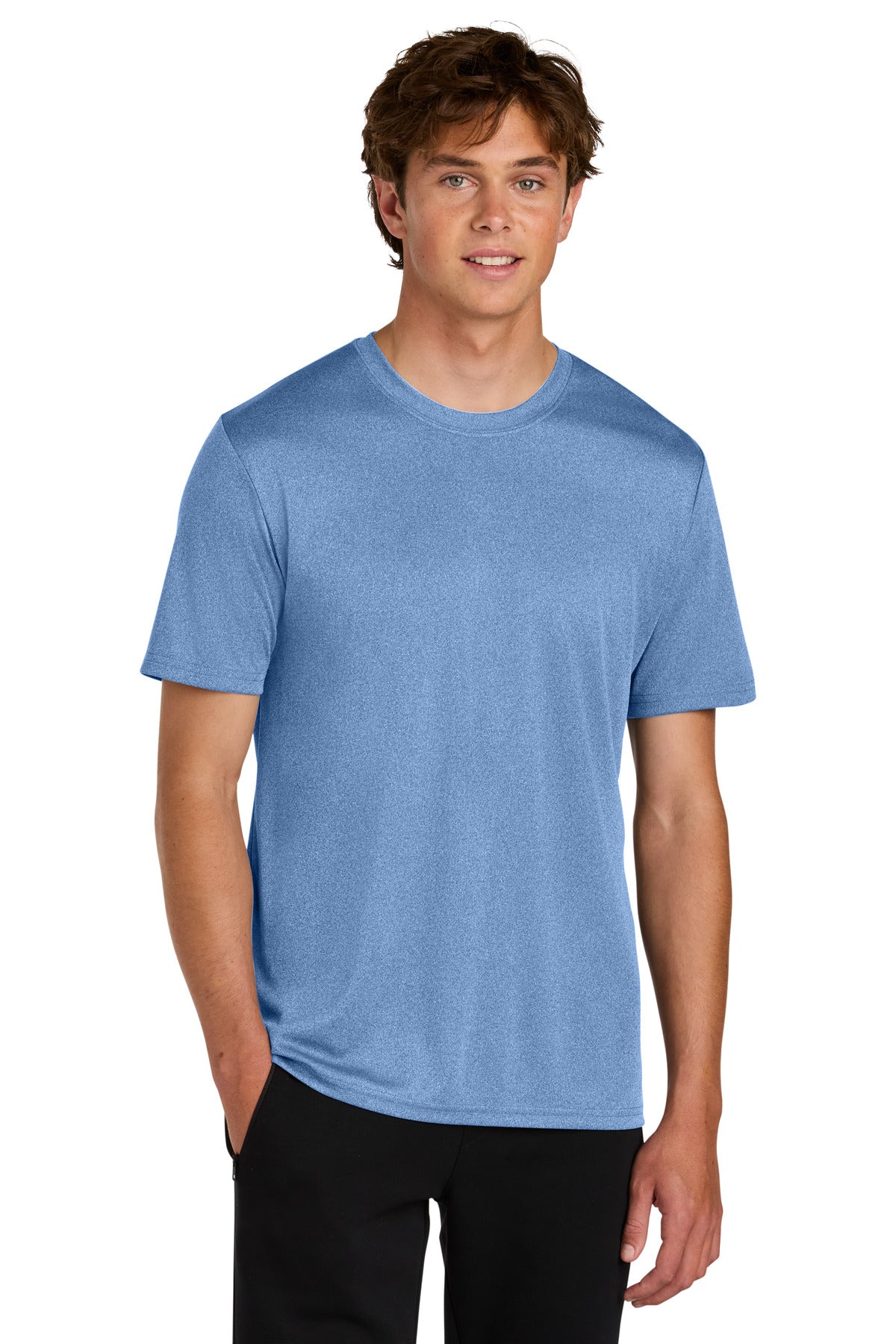 Front View of CrlnaBlHtr Port & Co Heather Performance Tee PC390