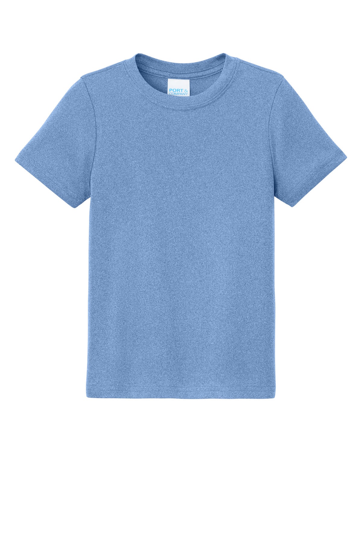 Front View of CrlnaBlHtr Port & Co Youth Heather Performance Tee PC390Y