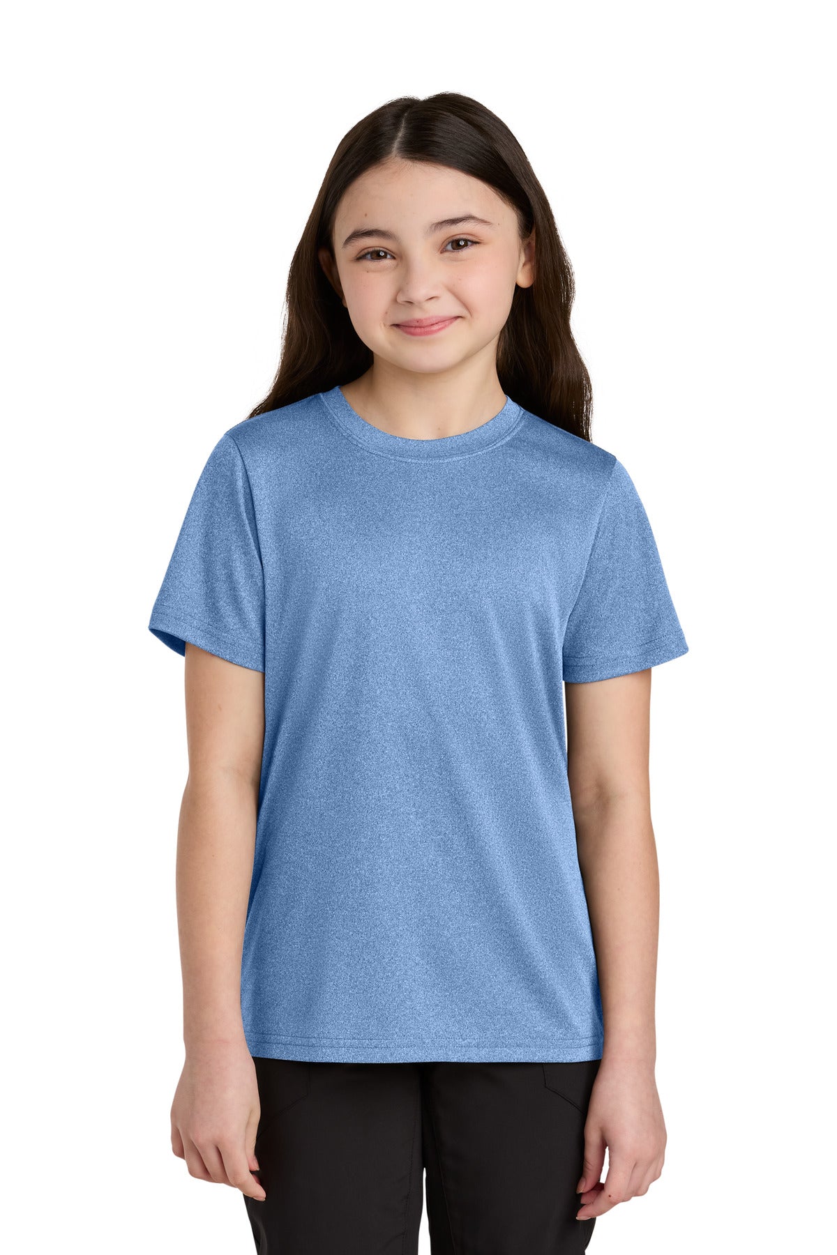 Front View of CrlnaBlHtr Port & Co Youth Heather Performance Tee PC390Y
