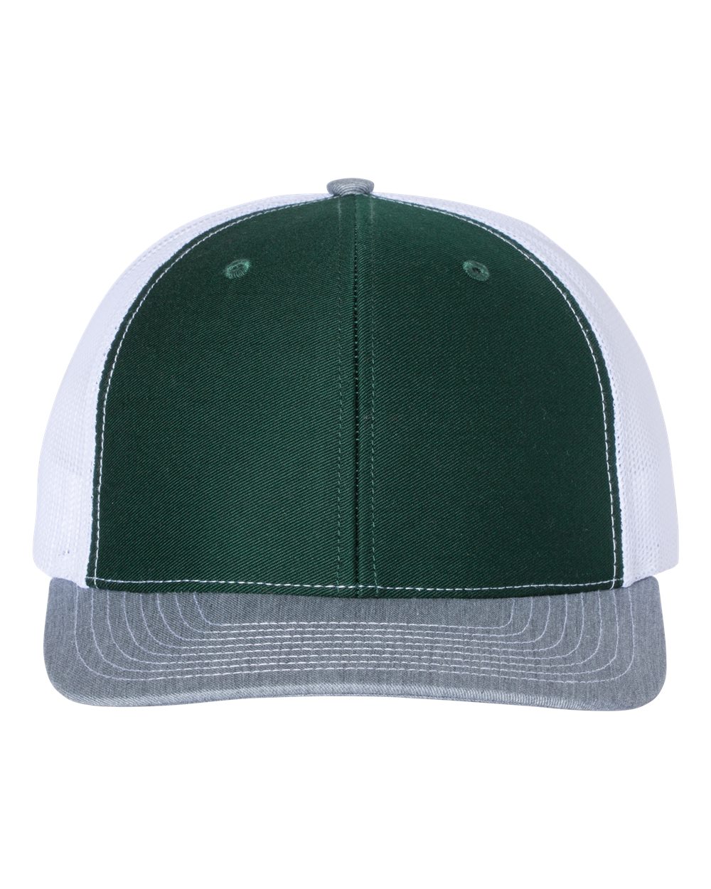 Front View of Dark Green/ White/ Heather Grey Snapback Trucker Cap - 112
