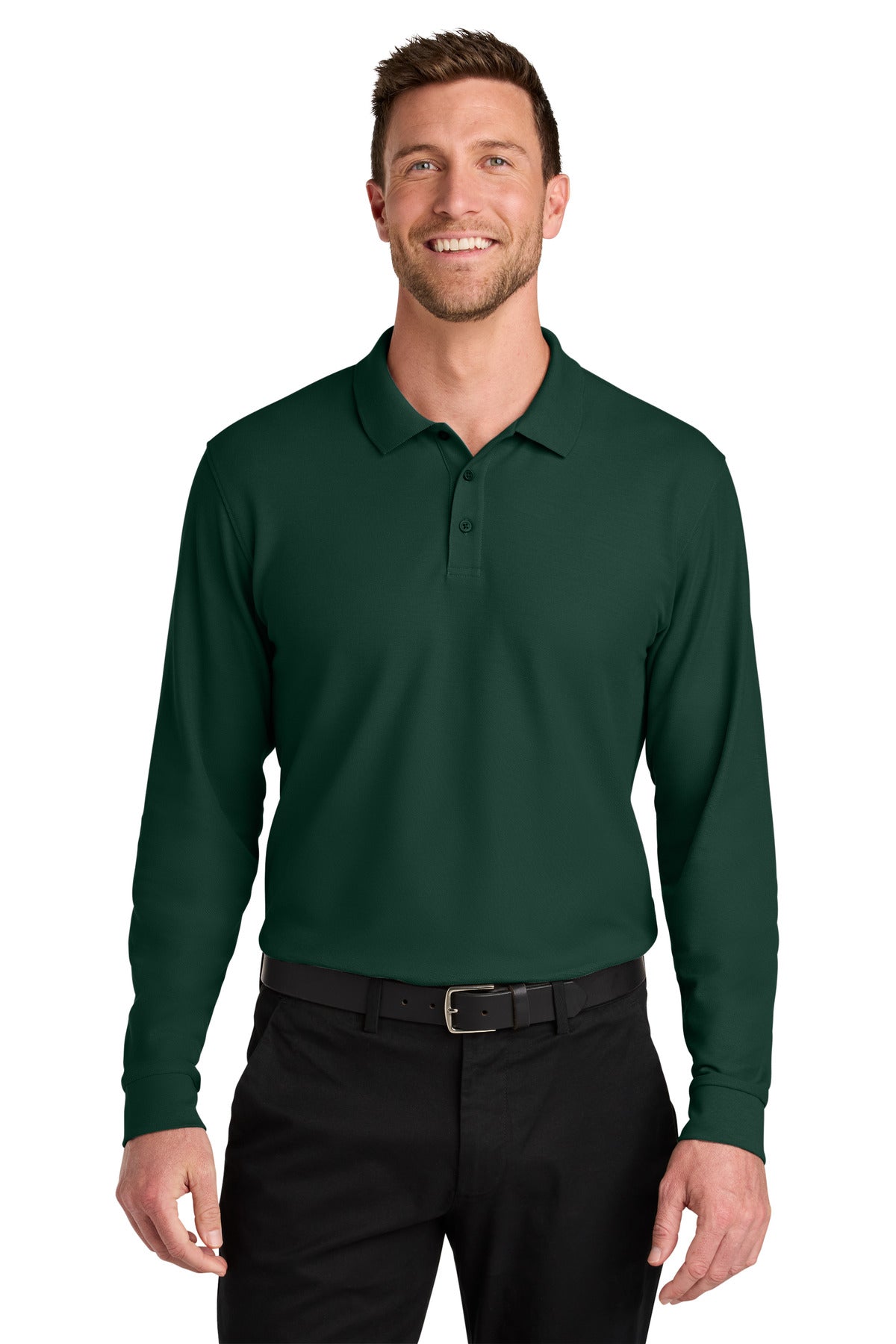 Front View of DarkGreen Port Authority Wearever Signature Pique Long Sleeve Polo K200LS