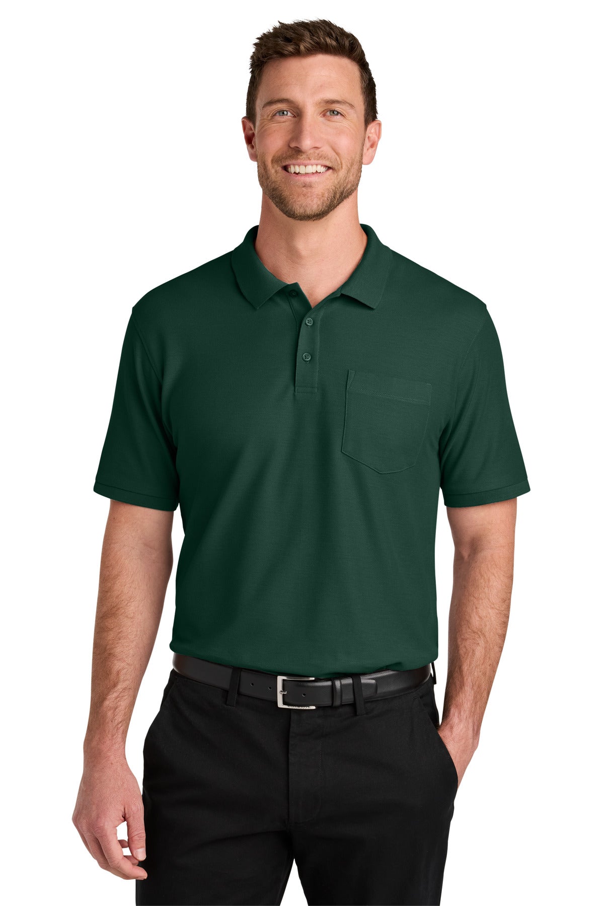 Front View of DarkGreen Port Authority Wearever Signature Pique Pocket Polo K200P