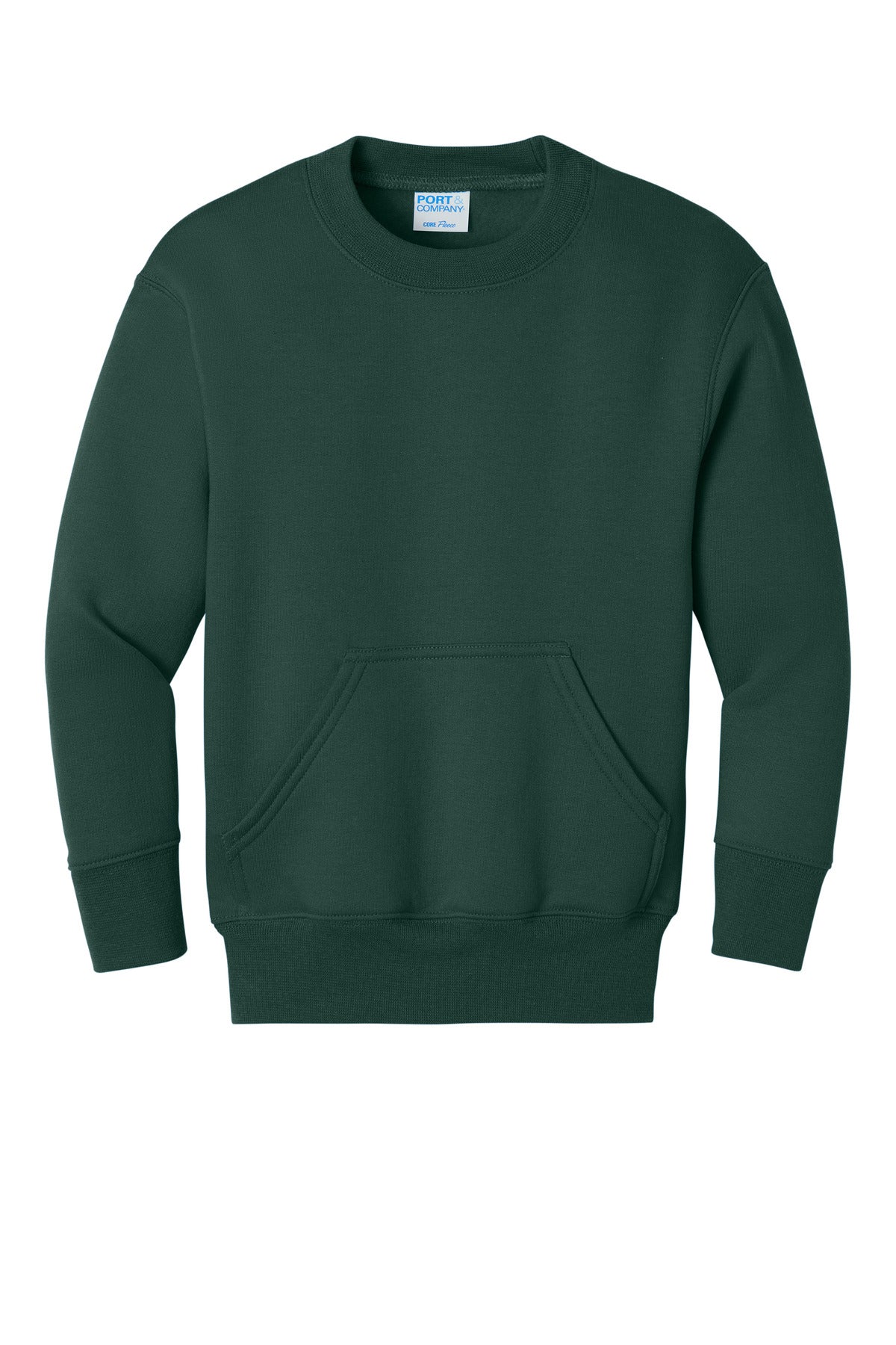 Front View of DarkGreen Port & Co Youth Core Fleece Crewneck Pocket Sweatshirt PC78YPKT