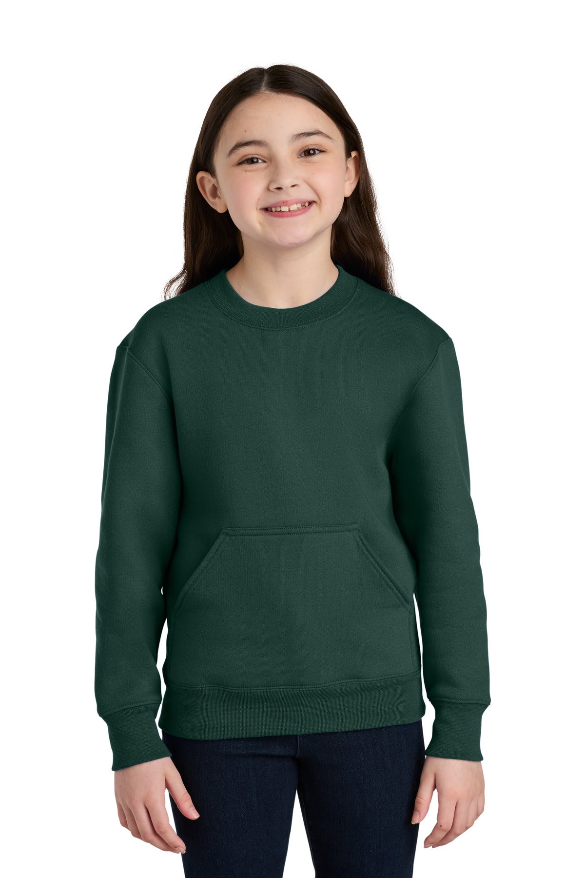 Front View of DarkGreen Port & Co Youth Core Fleece Crewneck Pocket Sweatshirt PC78YPKT