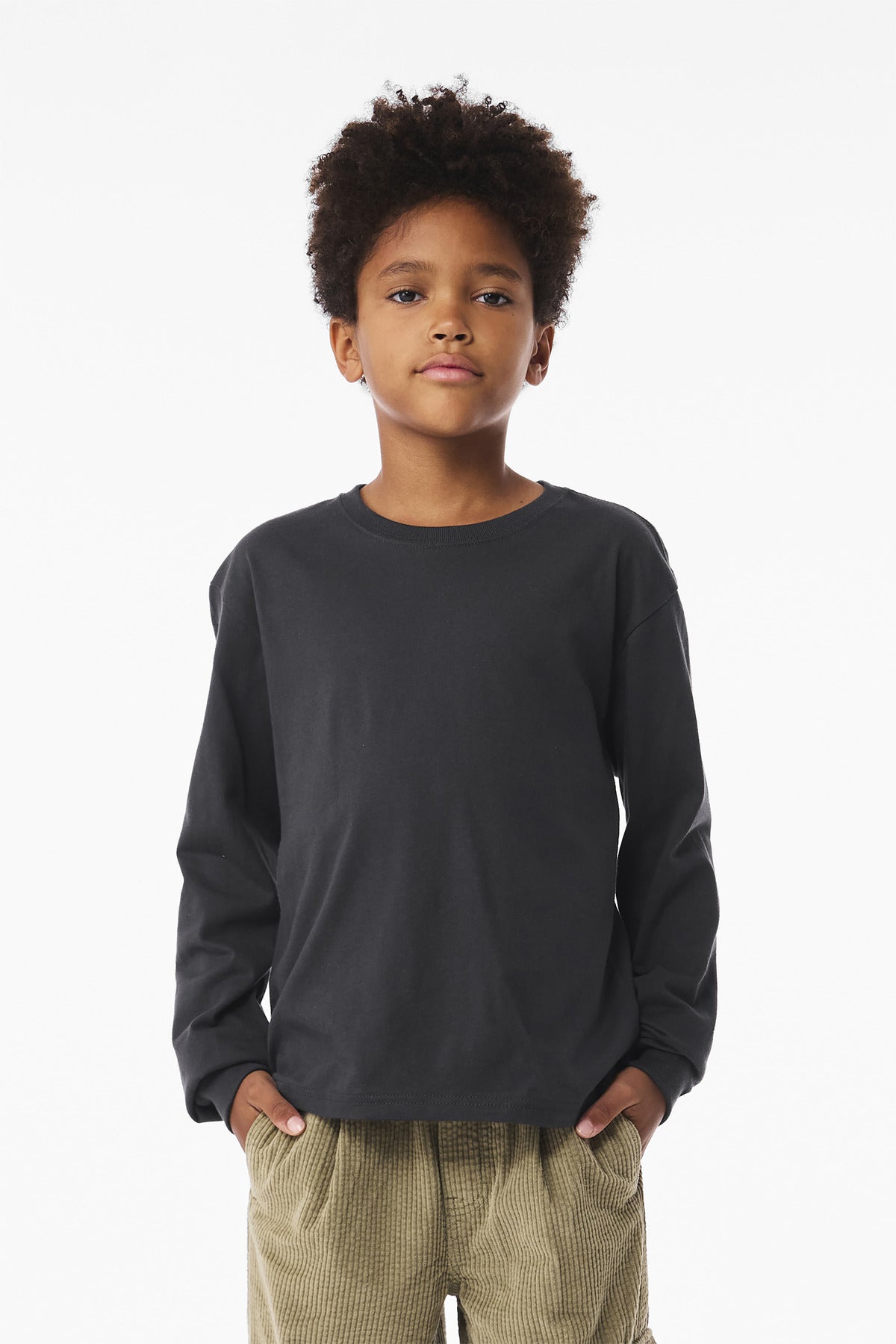 Front View of DarkGrey BELLA+CANVAS Youth 6-Ounce Heavyweight Long Sleeve Tee BC3511Y