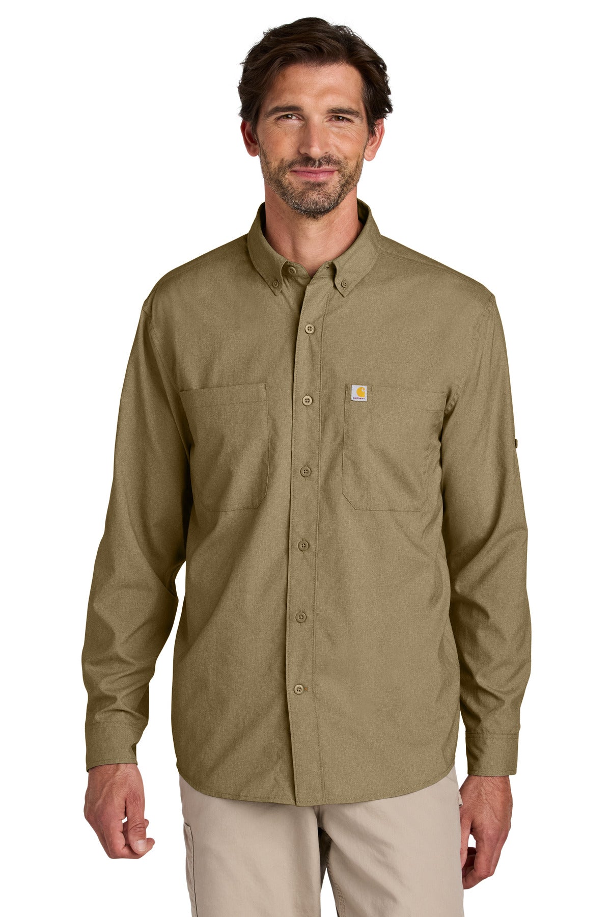 Front View of DarkKhaki Carhartt Force Sun Defender Long Sleeve Shirt CT107106