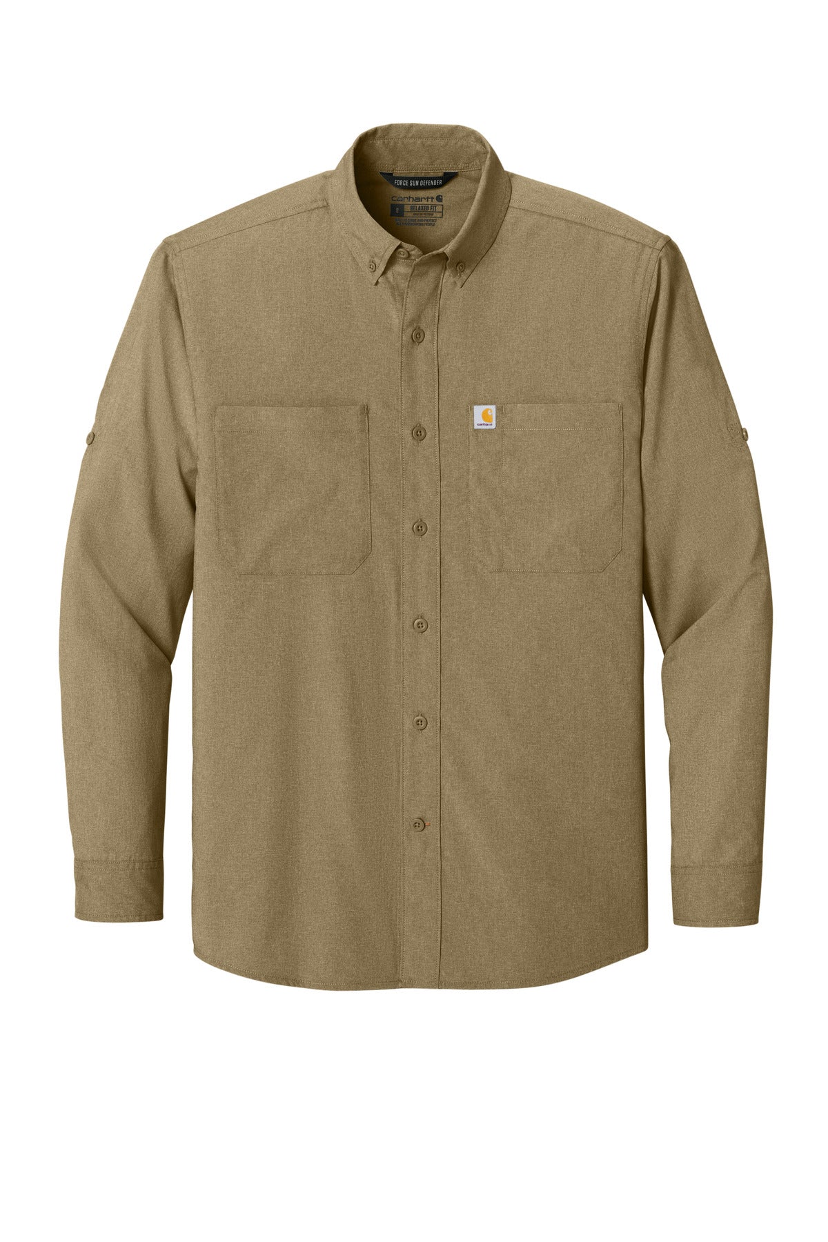 Front View of DarkKhaki Carhartt Force Sun Defender Long Sleeve Shirt CT107106