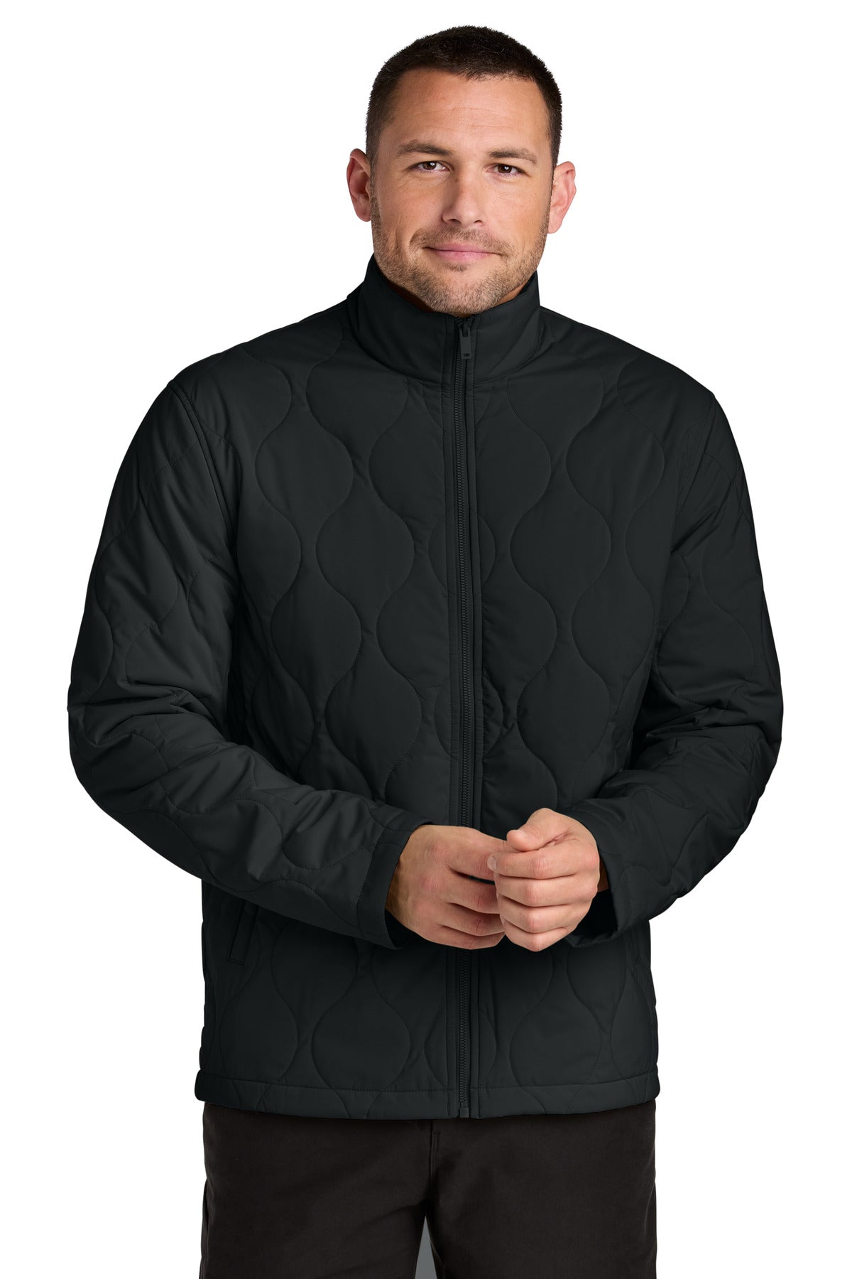 Front View of DeepBlack Mercer+Mettle Quilted Liner Jacket MM7202