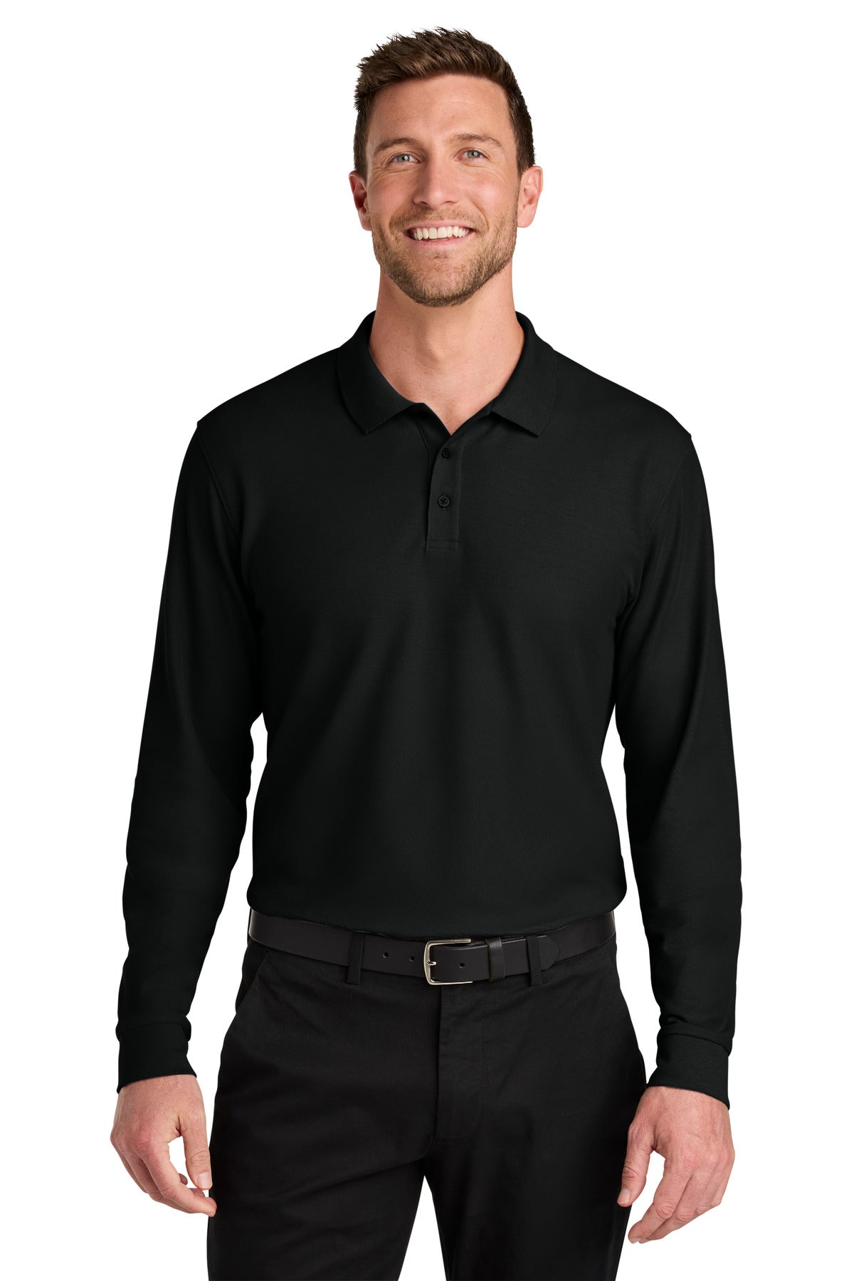 Front View of DeepBlack Port Authority Wearever Signature Pique Long Sleeve Polo K200LS