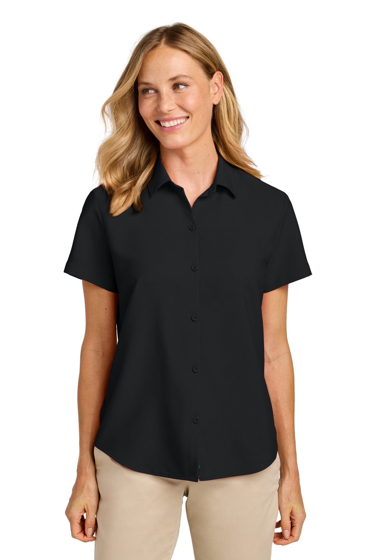 Front View of DeepBlack Port Authority Women's Short Sleeve UV Dockside Shirt LW963
