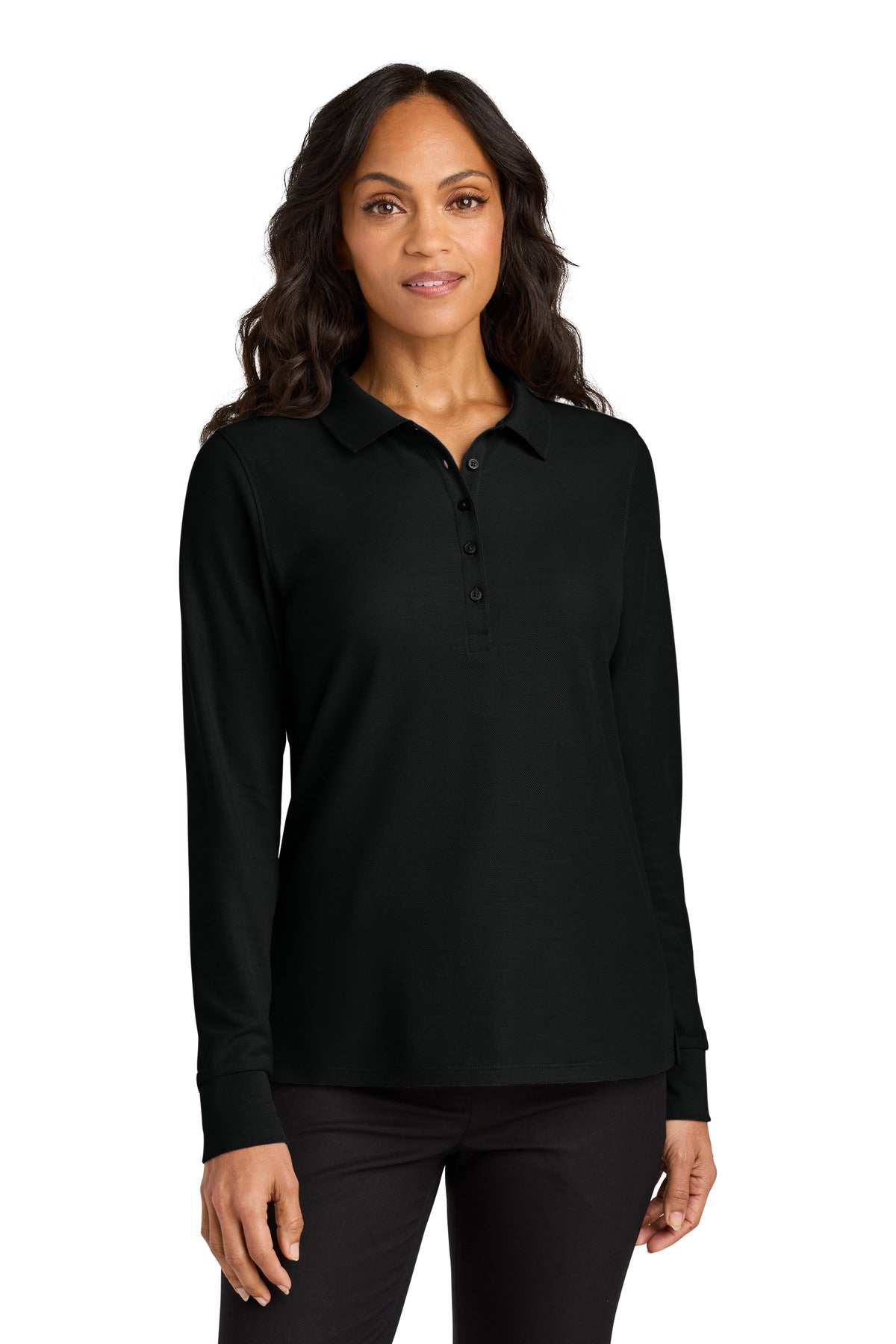 Front View of DeepBlack Port Authority Women's Wearever Signature Pique Long Sleeve Polo LK200LS