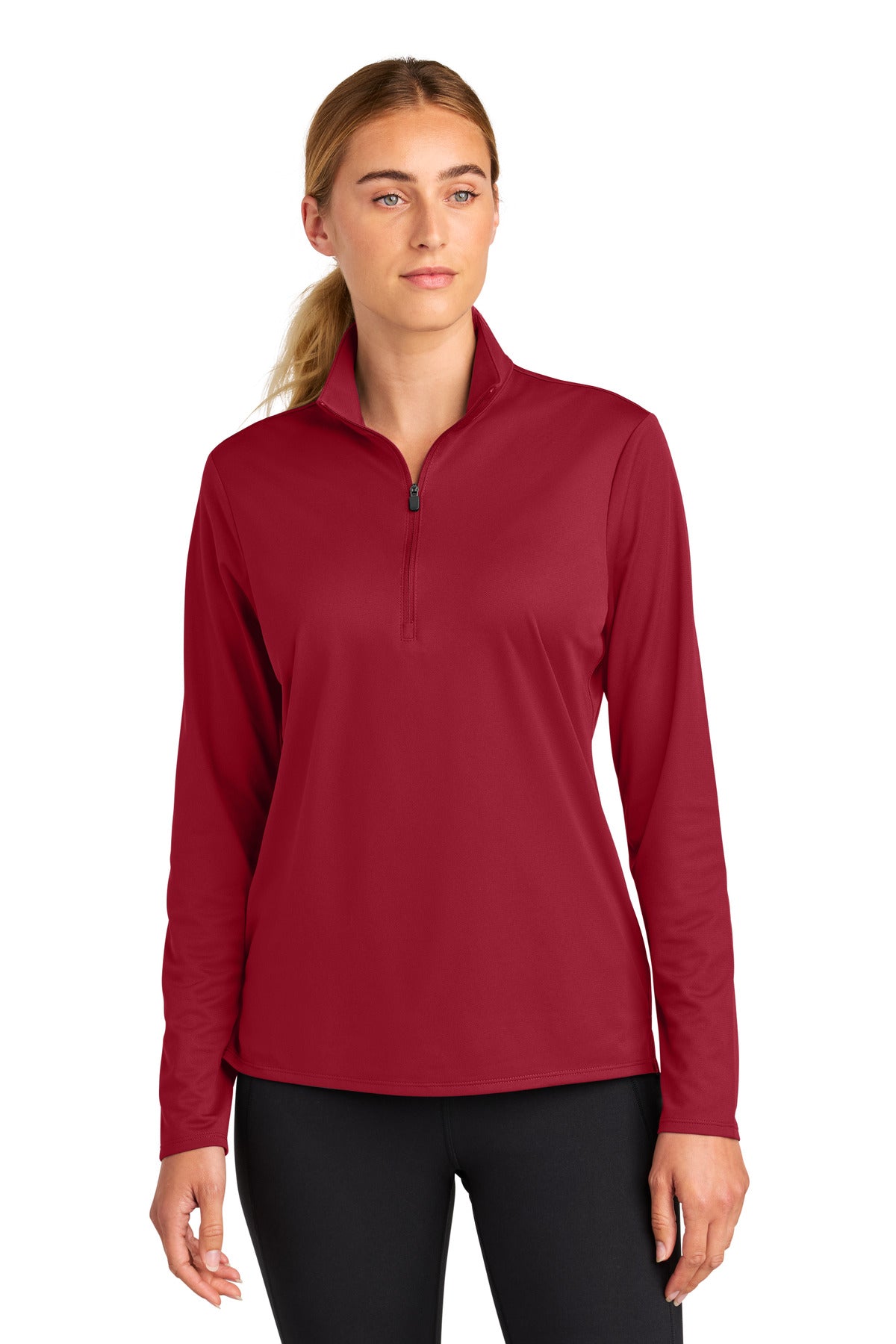 Front View of DeepRed Sport-Tek Women's Micropique Sport-Wick 1/4-Zip LST672