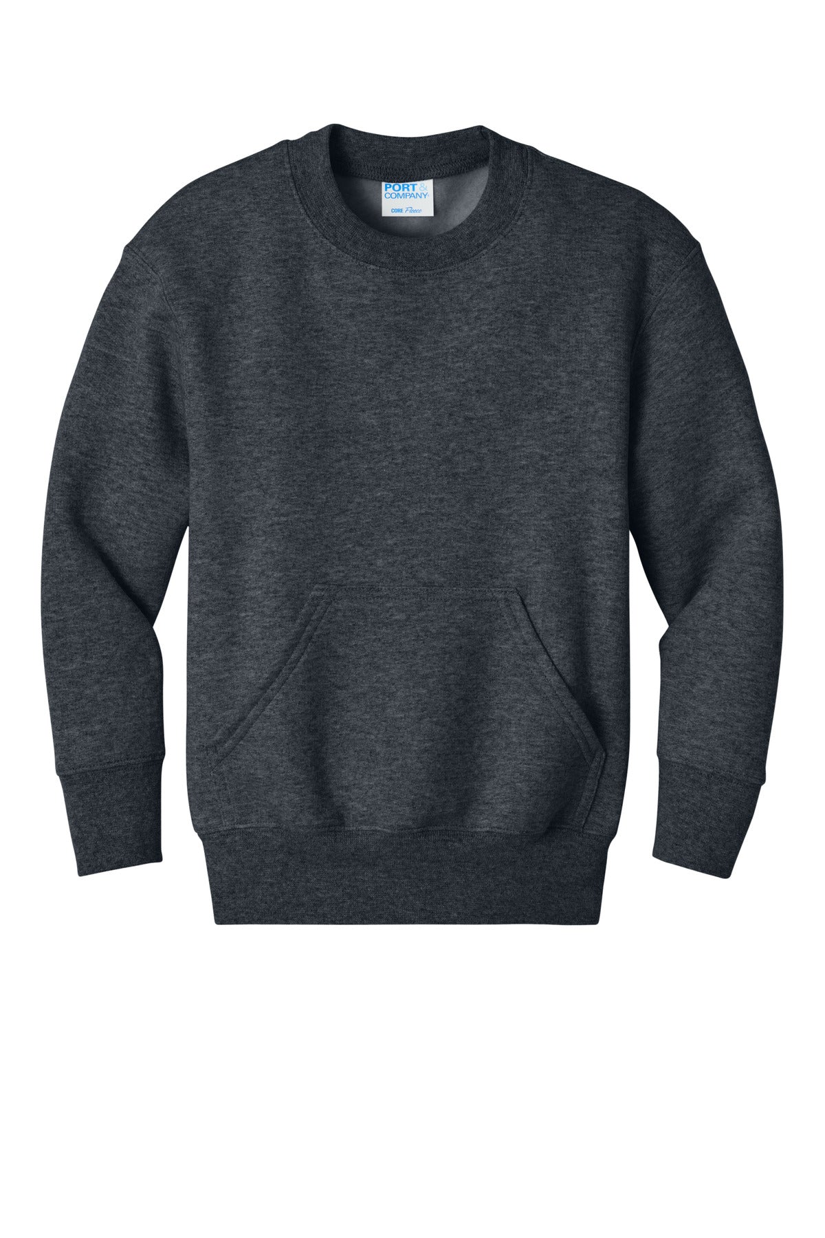 Front View of DkHtGry Port & Co Youth Core Fleece Crewneck Pocket Sweatshirt PC78YPKT
