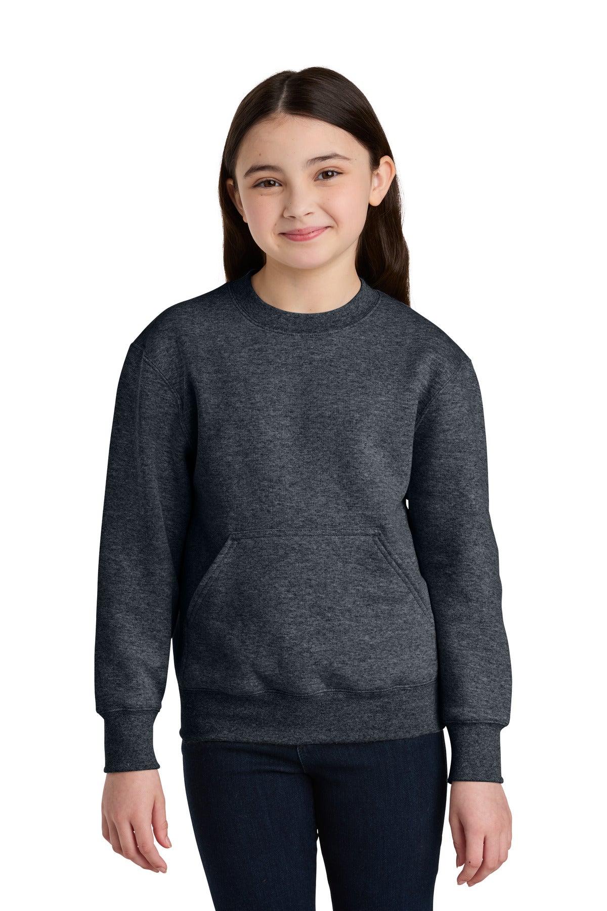 Front View of DkHtGry Port & Co Youth Core Fleece Crewneck Pocket Sweatshirt PC78YPKT