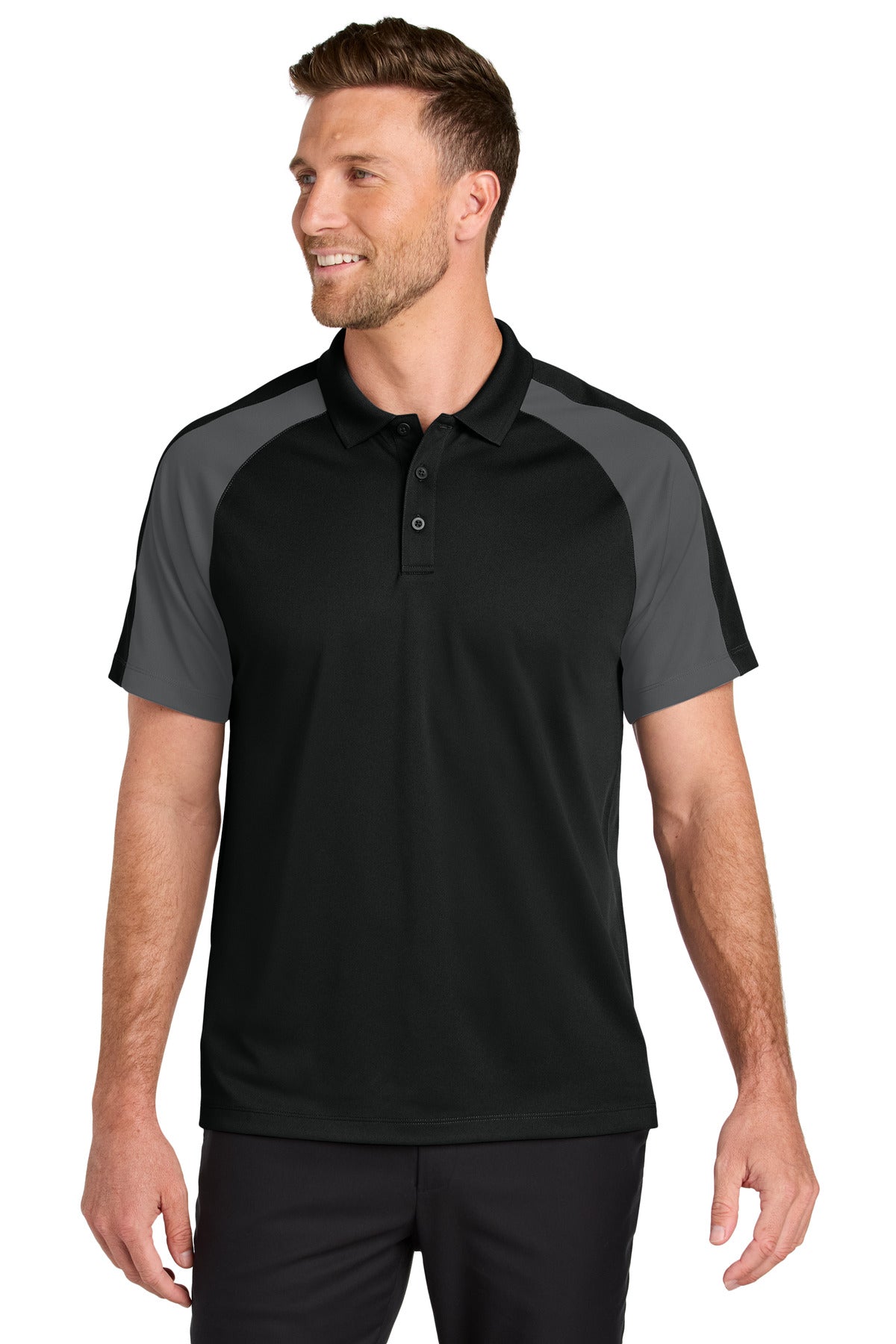 Front View of DpBk/StrmG Port Authority Wearever Performance Pique Colorblock Polo K247