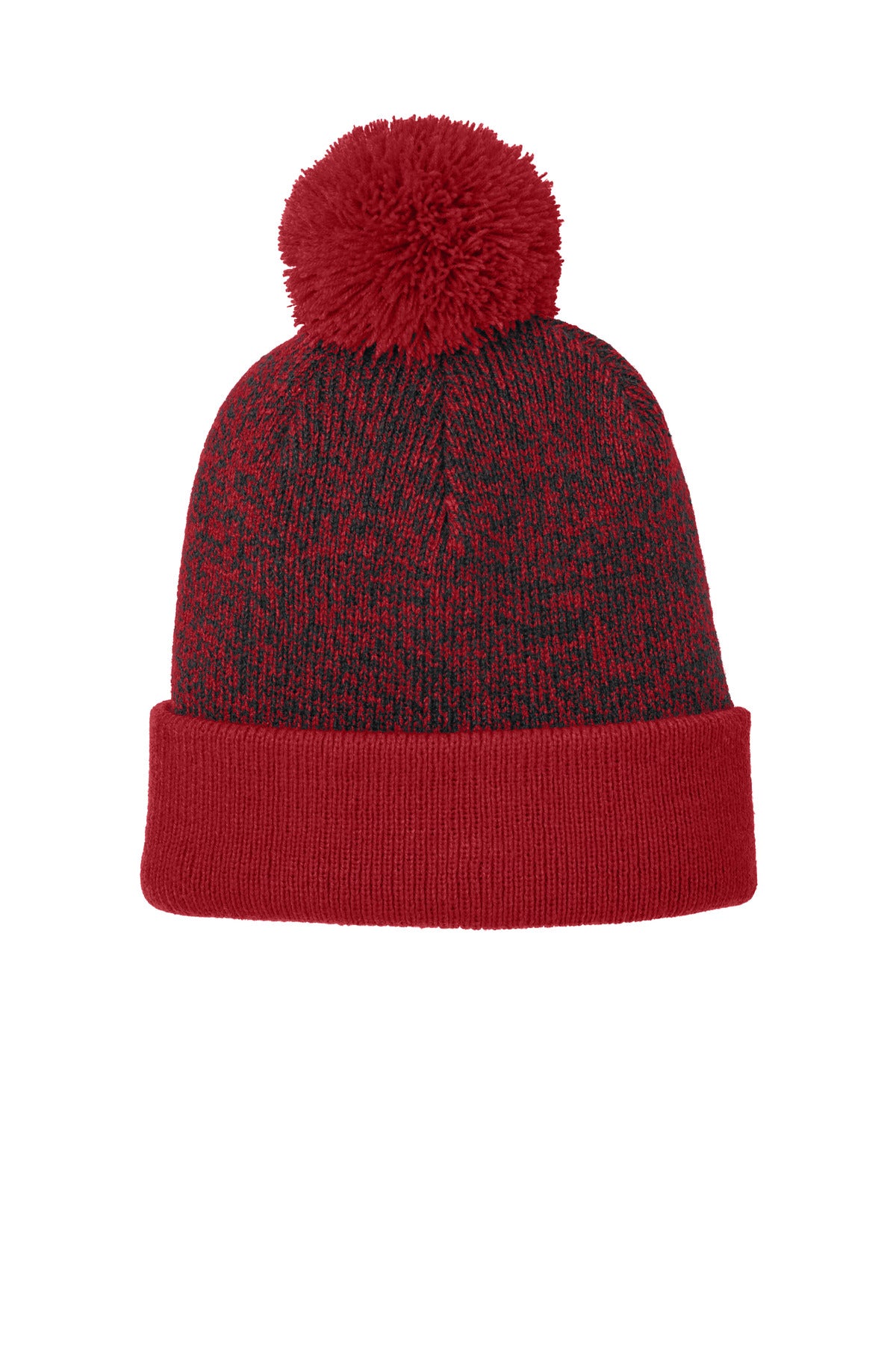 Front View of DpRd/Blk Sport-Tek Halftime Heather Pom Beanie STC68
