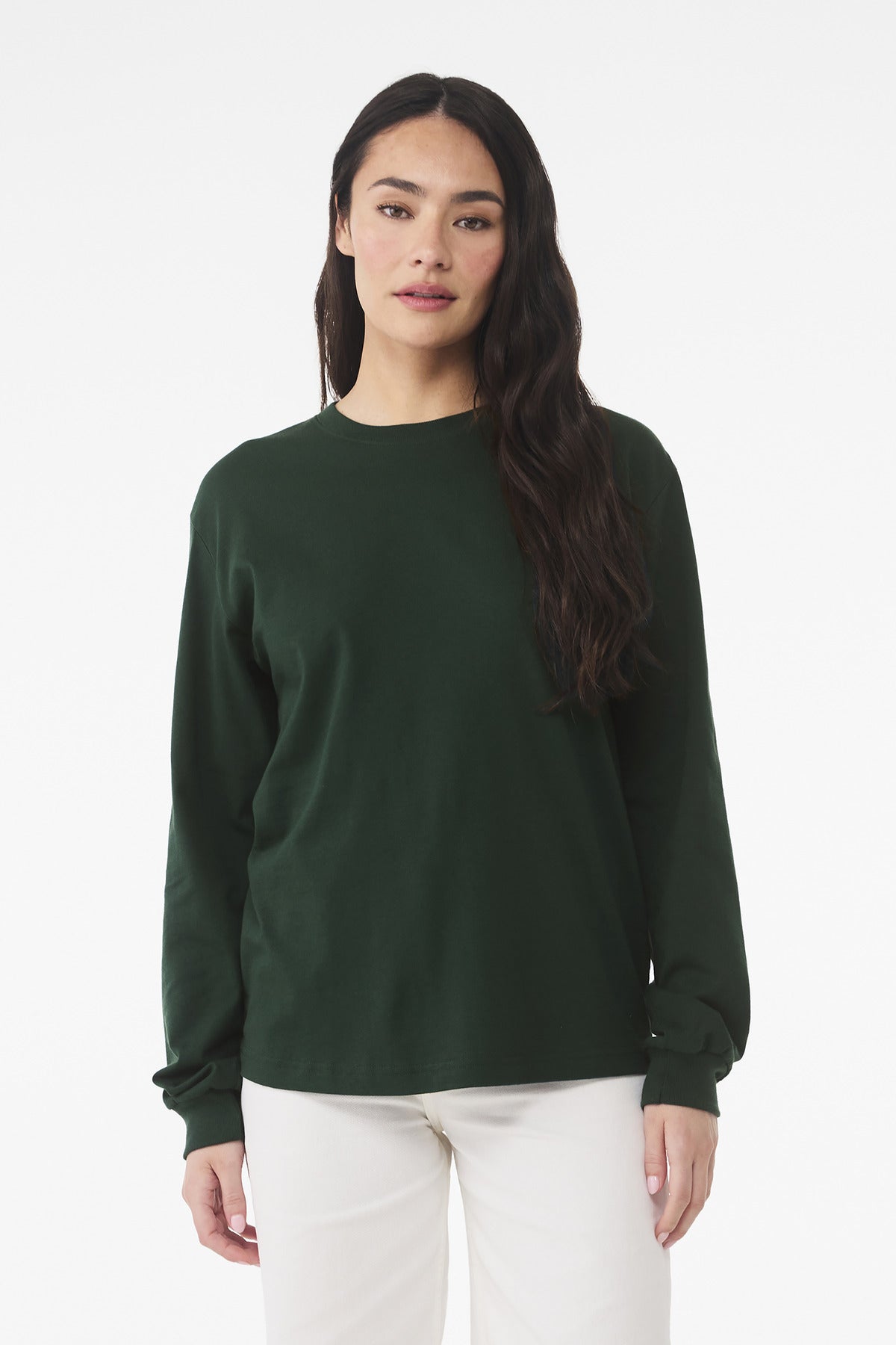 Front View of Forest BELLA+CANVAS Unisex 6-Ounce Heavyweight Long Sleeve Tee BC3511