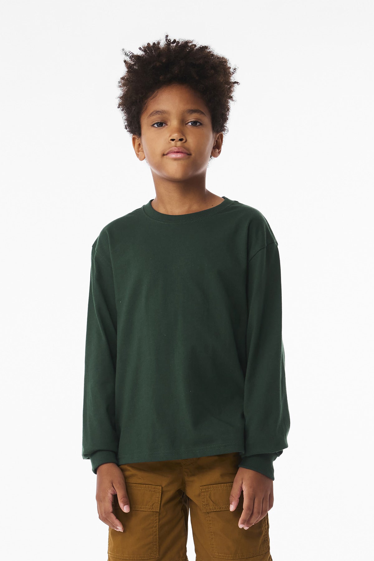 Front View of FOREST BELLA+CANVAS Youth 6-Ounce Heavyweight Long Sleeve Tee BC3511Y