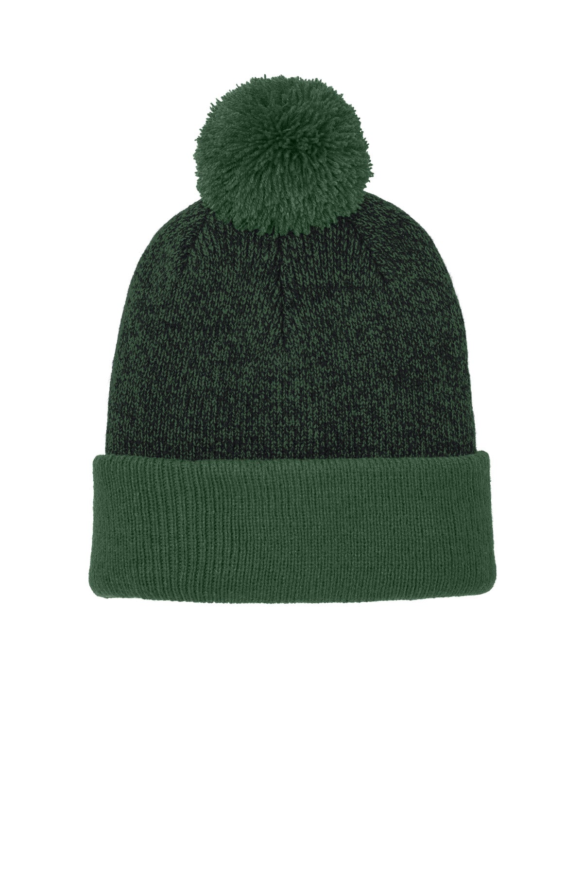 Front View of FrGn/Blk Sport-Tek Halftime Heather Pom Beanie STC68
