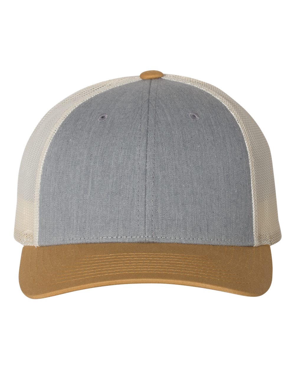 Front View of Heather Grey/ Birch/ Amber Gold Low Pro Trucker Cap - 115